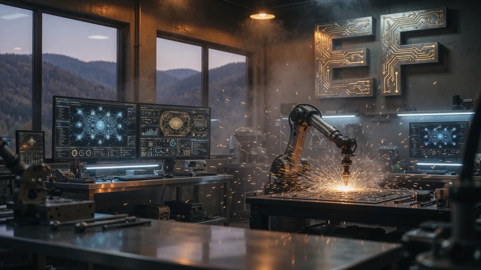 AI-assisted robotic fabrication cell inside a modern workshop